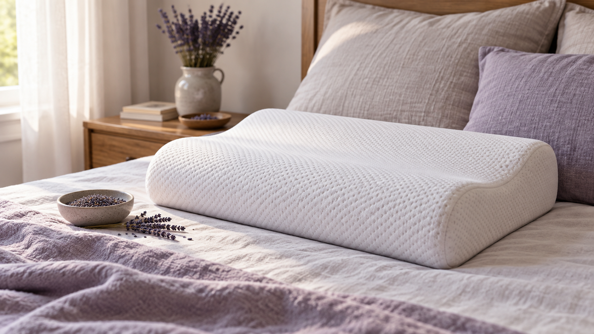 Unbranded lavender infused memory foam pillow beside dried lavender in a calm neutral bedroom