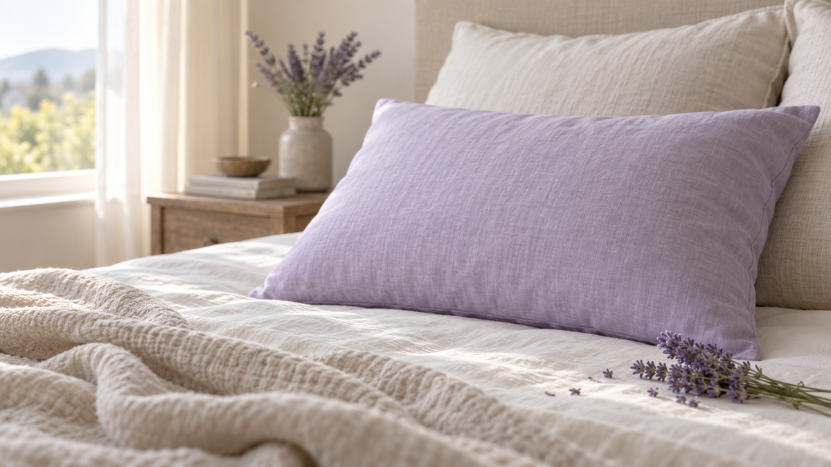 Lavender infused pillow on a neutral bed with lavender sprigs