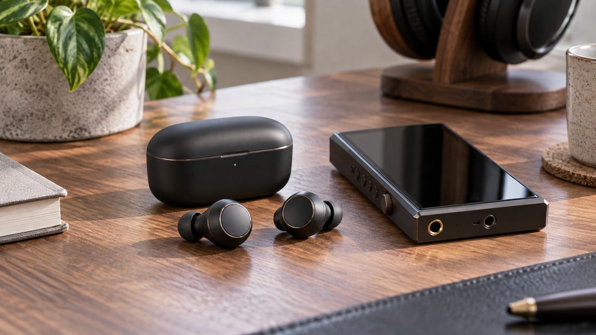 Wireless earbuds and charging case beside a generic audio player
