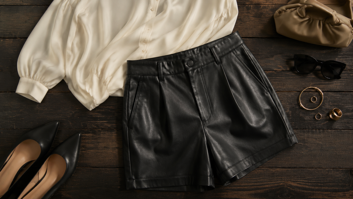 Black leather shorts with a neutral blouse in an editorial flat lay