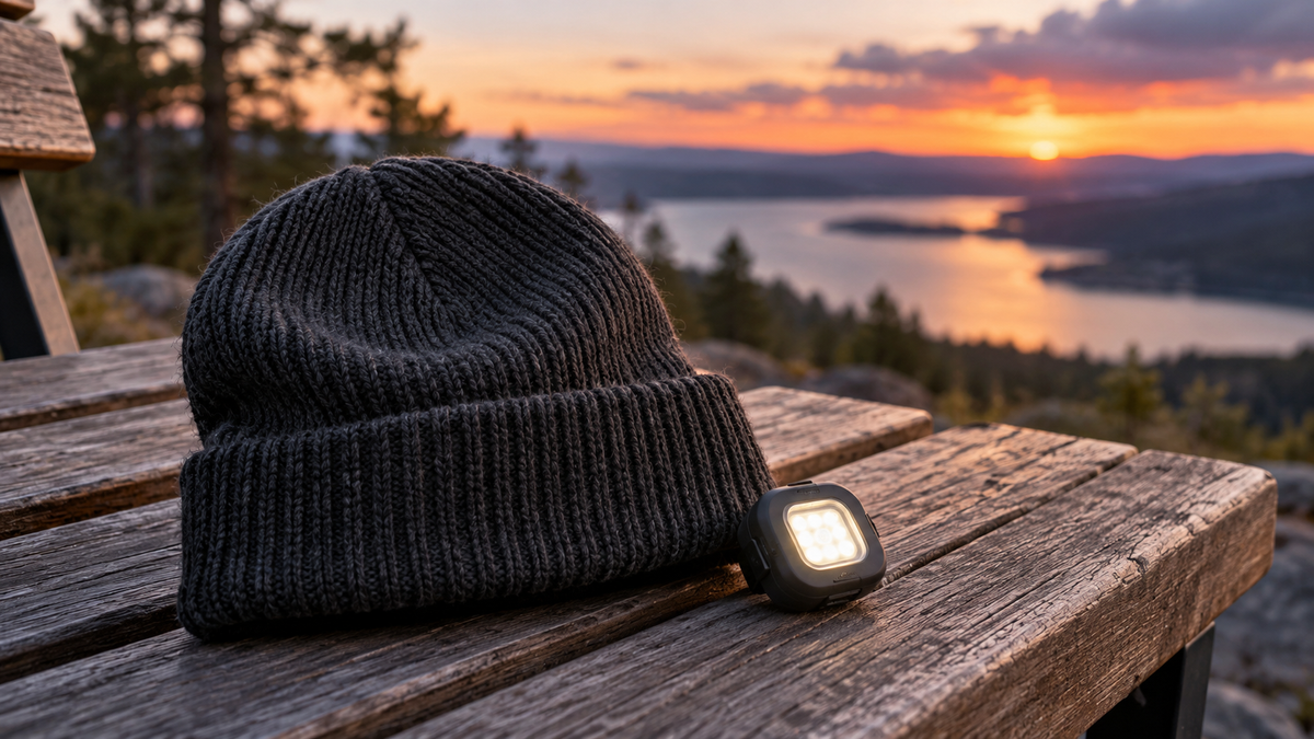 Charcoal knitted beanie beside its removable LED lamp on a wooden bench