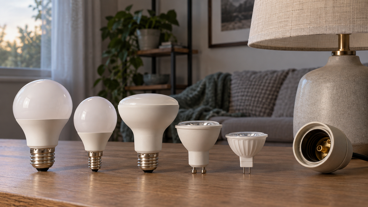 Unbranded LED bulbs with several common connection bases arranged beside a switched-off lamp socket