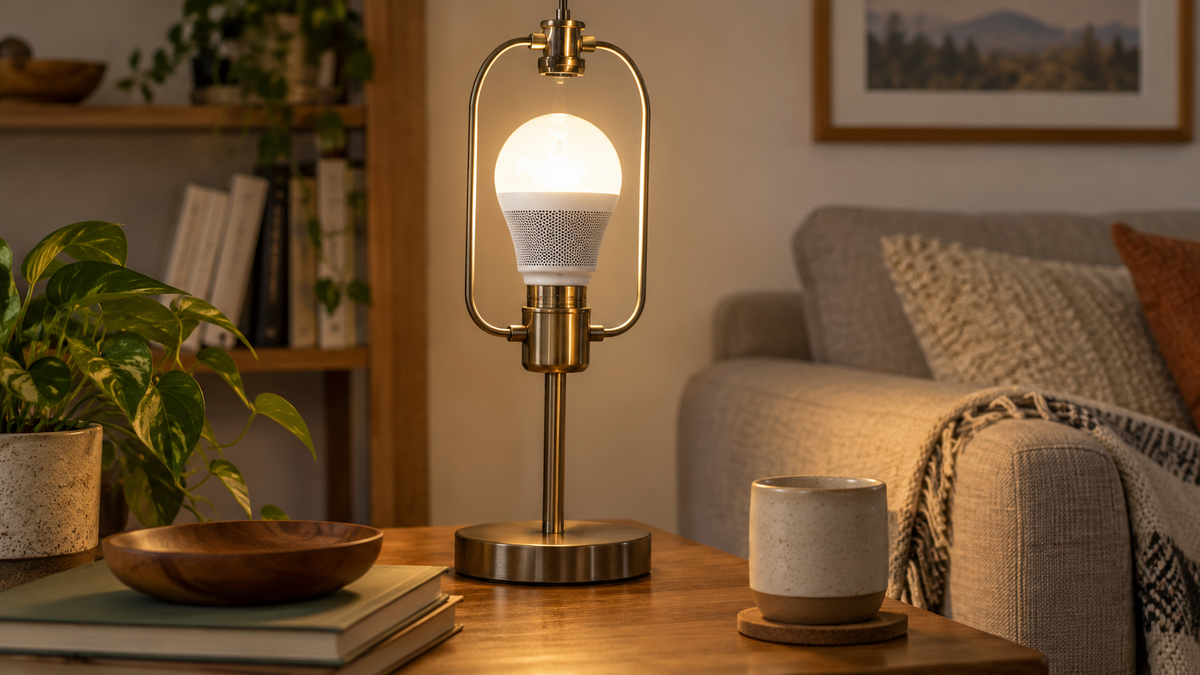 Unbranded LED light bulb with integrated speaker installed in an open tabletop lamp fixture