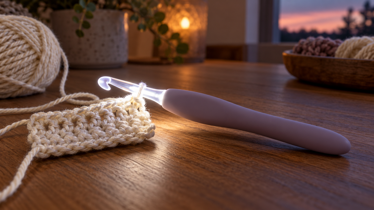 Illuminated crochet hook with a glowing translucent tip beside cream yarn and a swatch