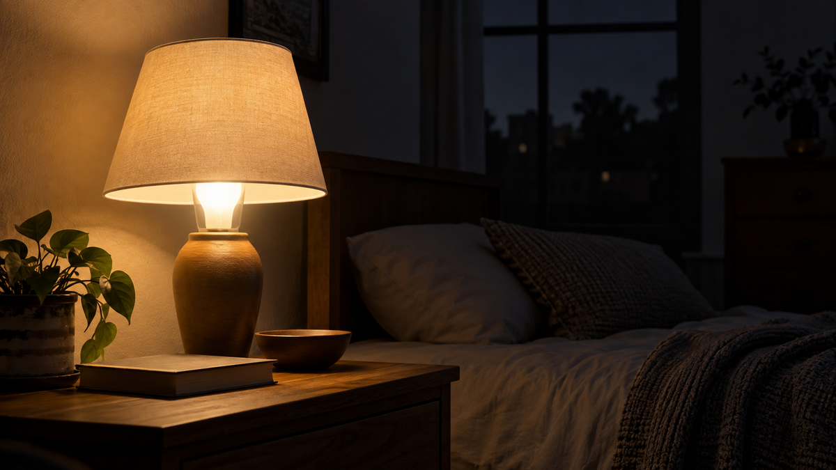 Unbranded LED bulb with battery backup glowing in a bedside lamp during a simulated power outage