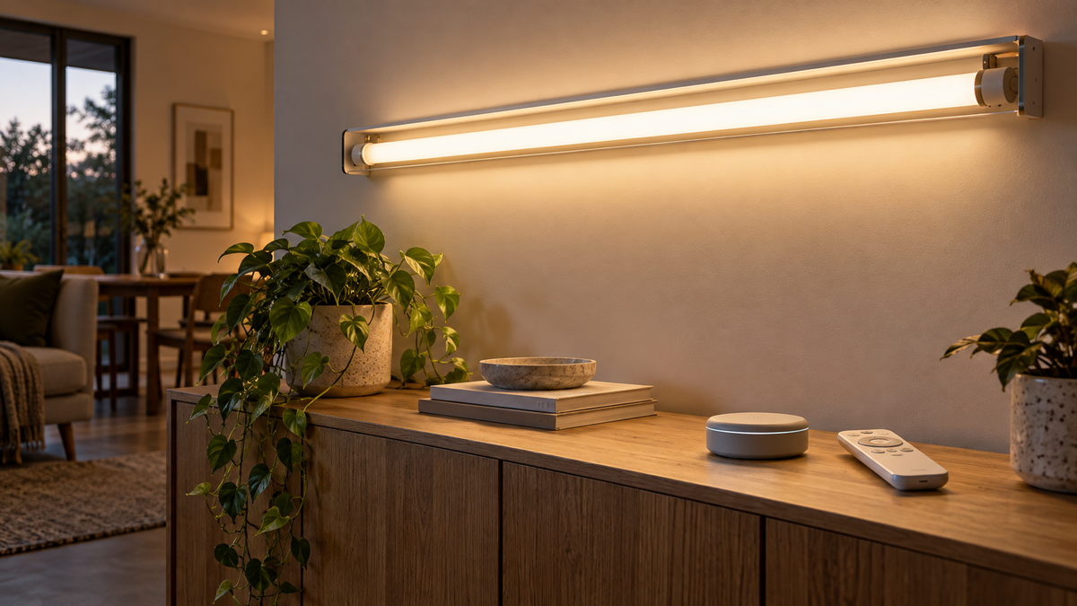 Unbranded LED smart tube light glowing in an open linear fixture with generic wireless controls nearby