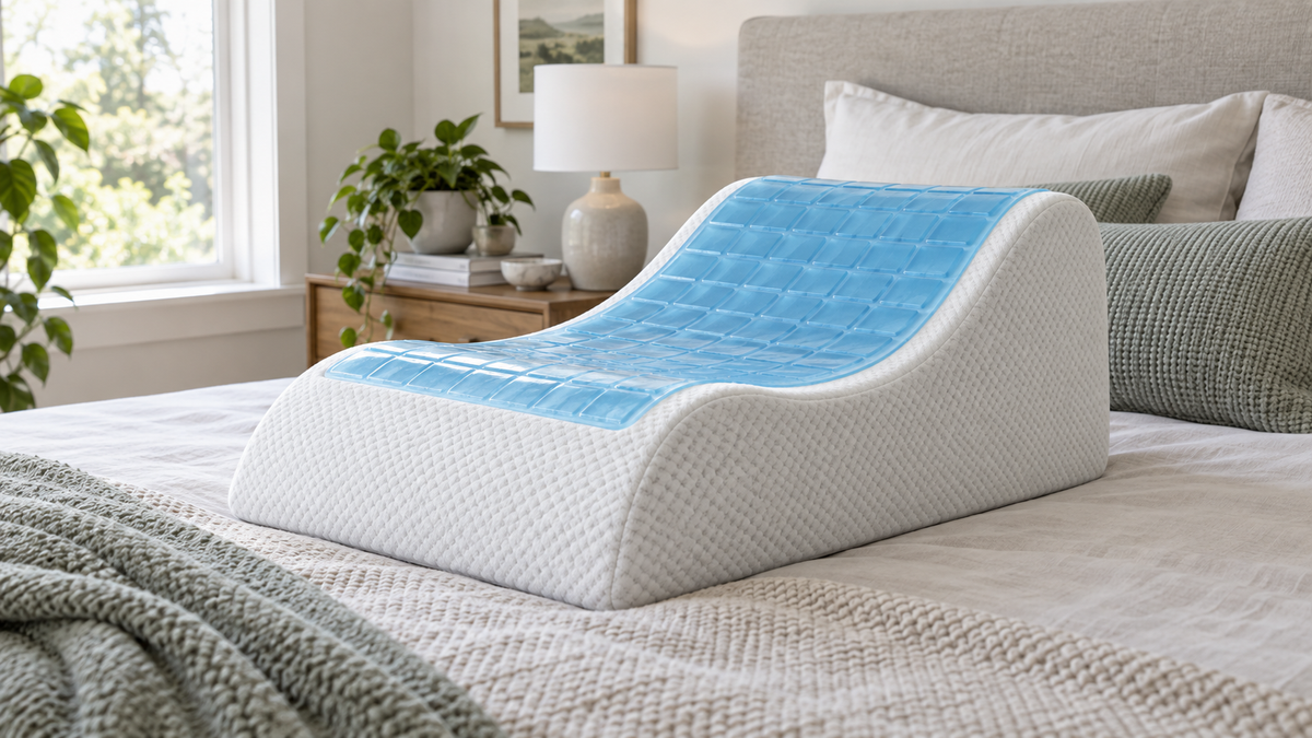 Leg elevation pillow with a blue cooling gel layer on a neutral bed