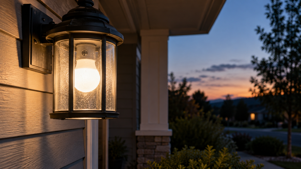 Unbranded light sensor bulb turning on in a sheltered porch fixture at twilight