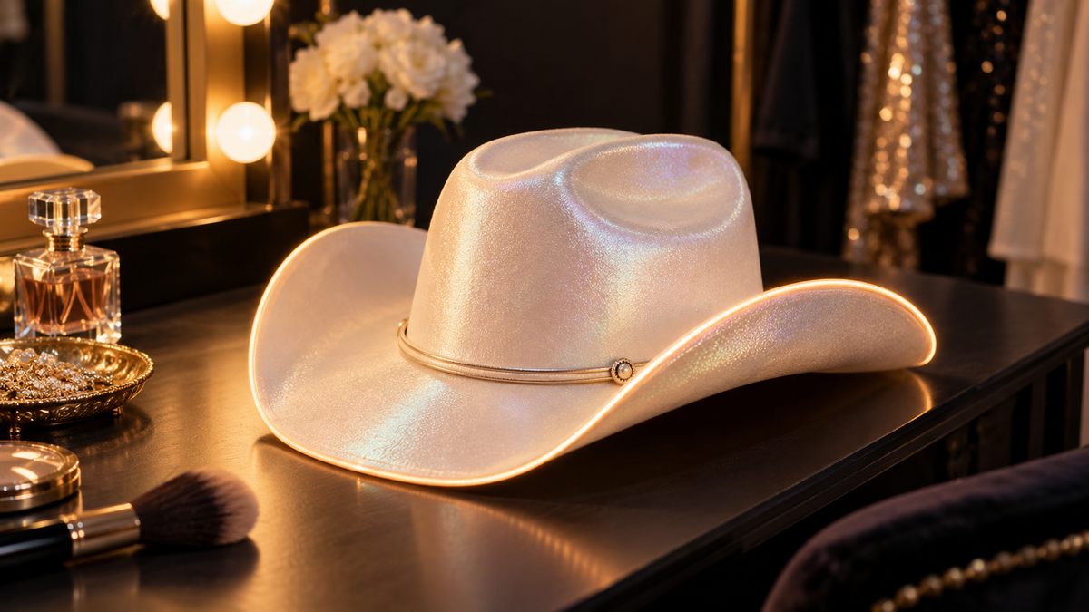 Pearlescent cowboy hat with a softly illuminated brim on a dressing table