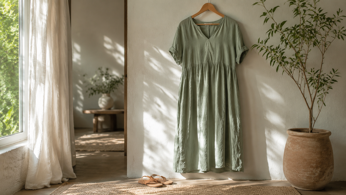Sage linen dress hanging in a bright relaxed warm-weather room