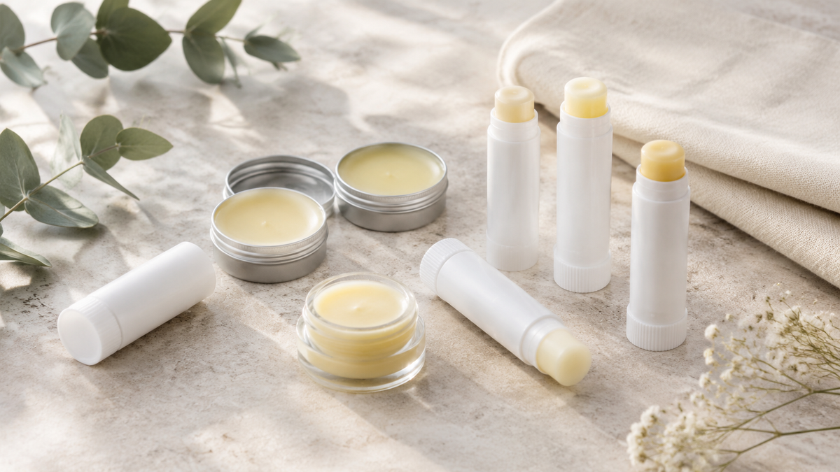 Unbranded lip balm sticks and tins arranged on a bright neutral surface