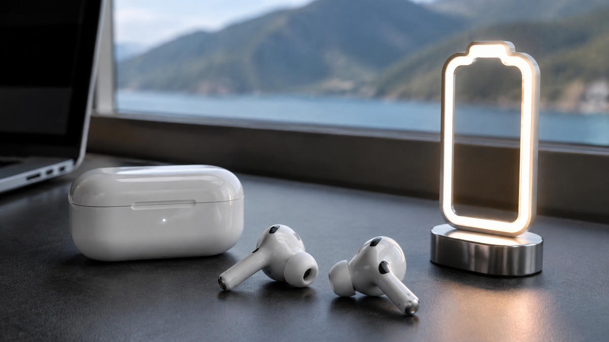 Unbranded earbuds and charging case arranged for long battery use