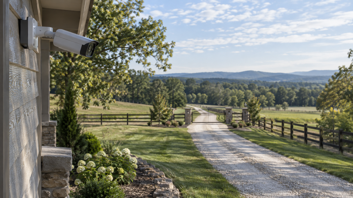 Outdoor security camera overlooking a long driveway and distant gate