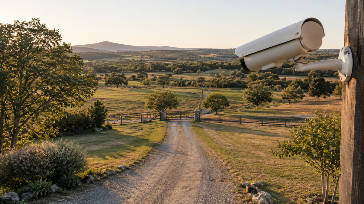 Long-range unbranded security camera overlooking a distant property gate