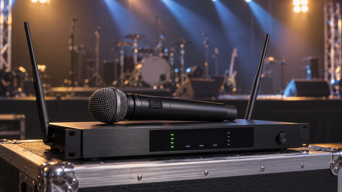 Unbranded long range wireless microphone system with receiver and antennas on a stage