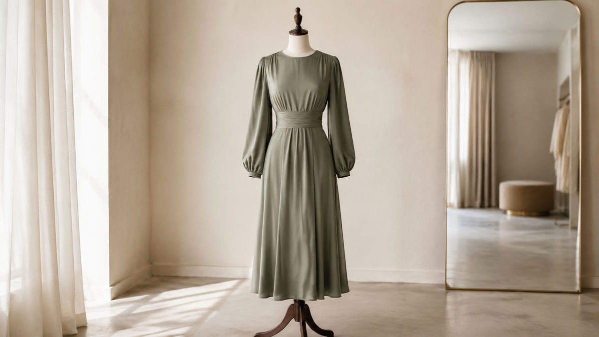 Long sleeve midi dress on a dress form in a minimalist room