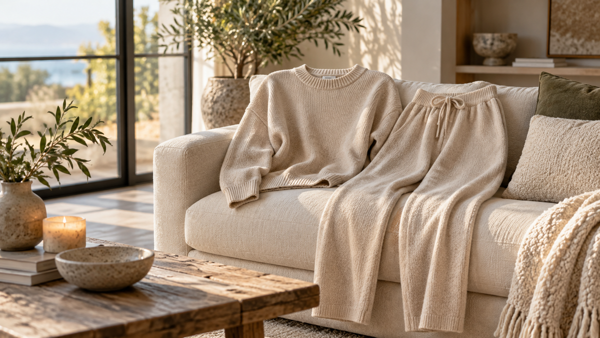 Soft matching loungewear set arranged in a calm sunlit living room