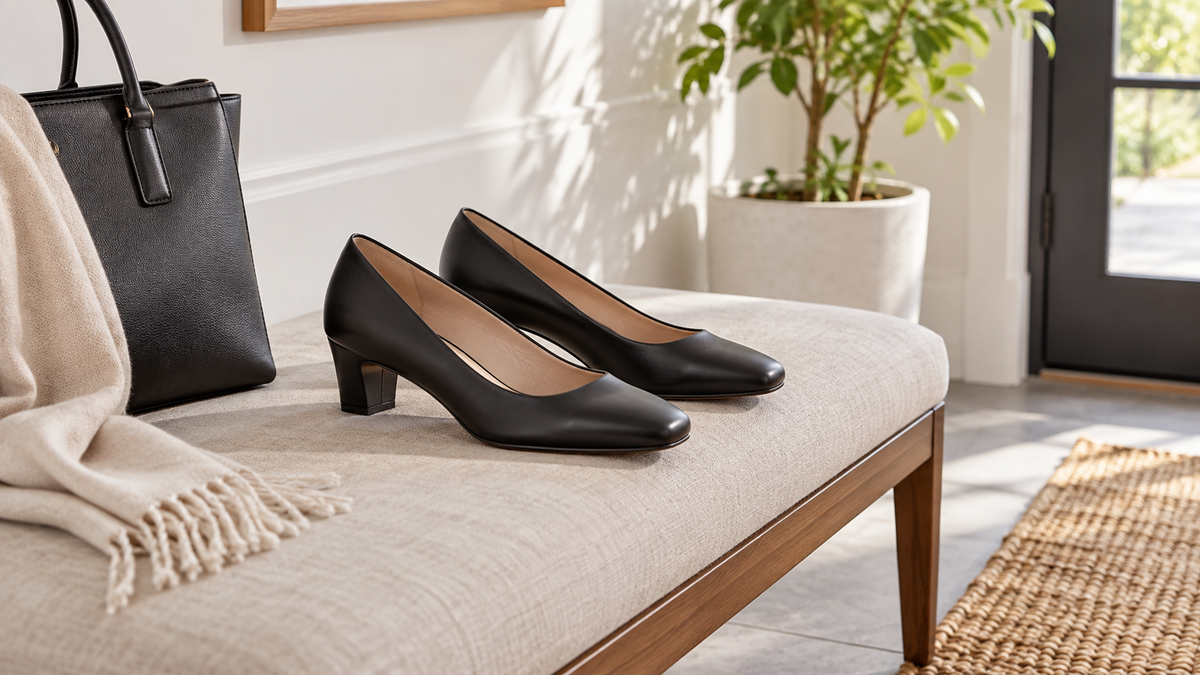 Neutral low heel work shoes arranged beside an office chair in soft natural light