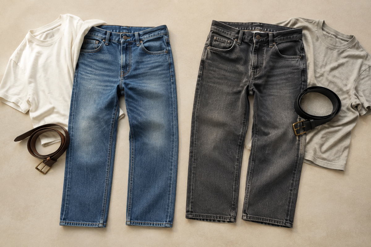 Blue and charcoal low-rise jeans arranged with neutral basics