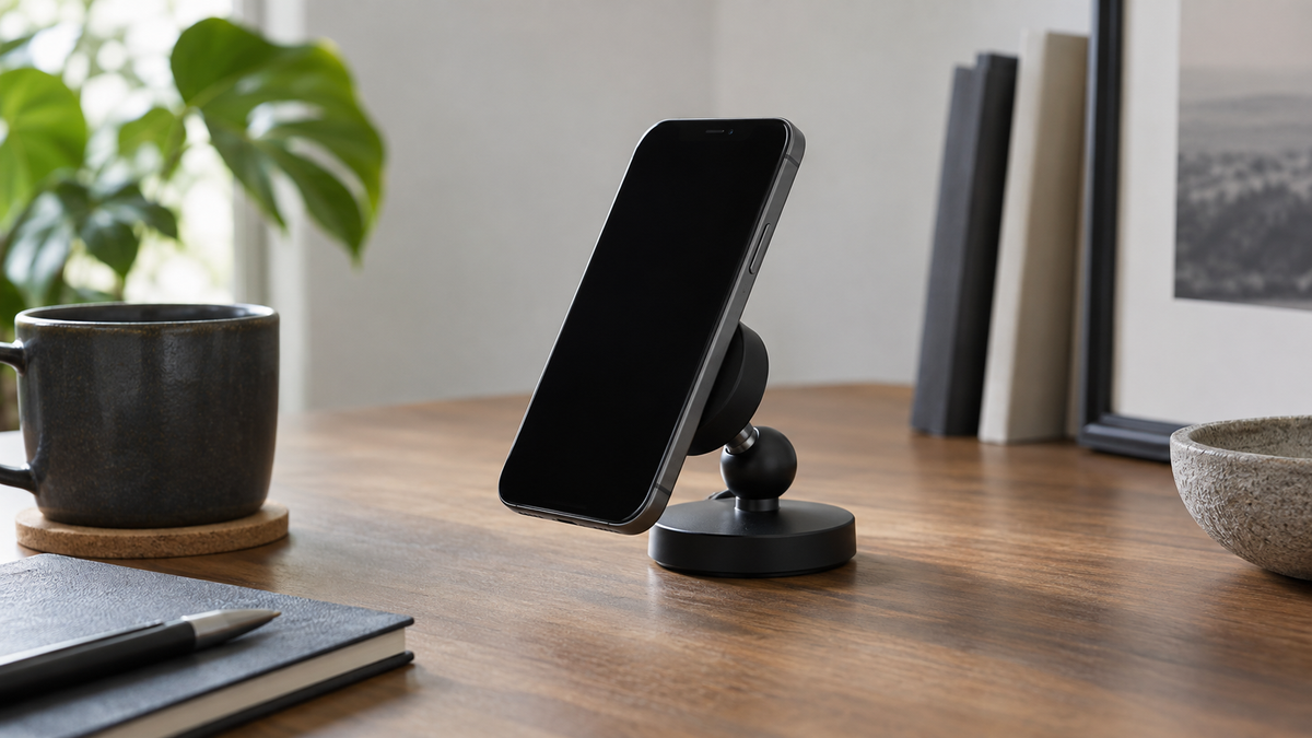 Unbranded magnetic ball-joint mount holding a blank-screen phone on a desk