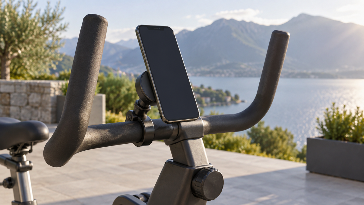 Unbranded magnetic phone mount on the handlebar of a stationary bicycle