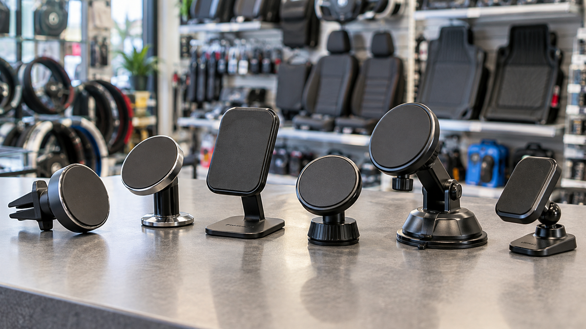 Unbranded magnetic phone mounts displayed in a generic local auto accessories store