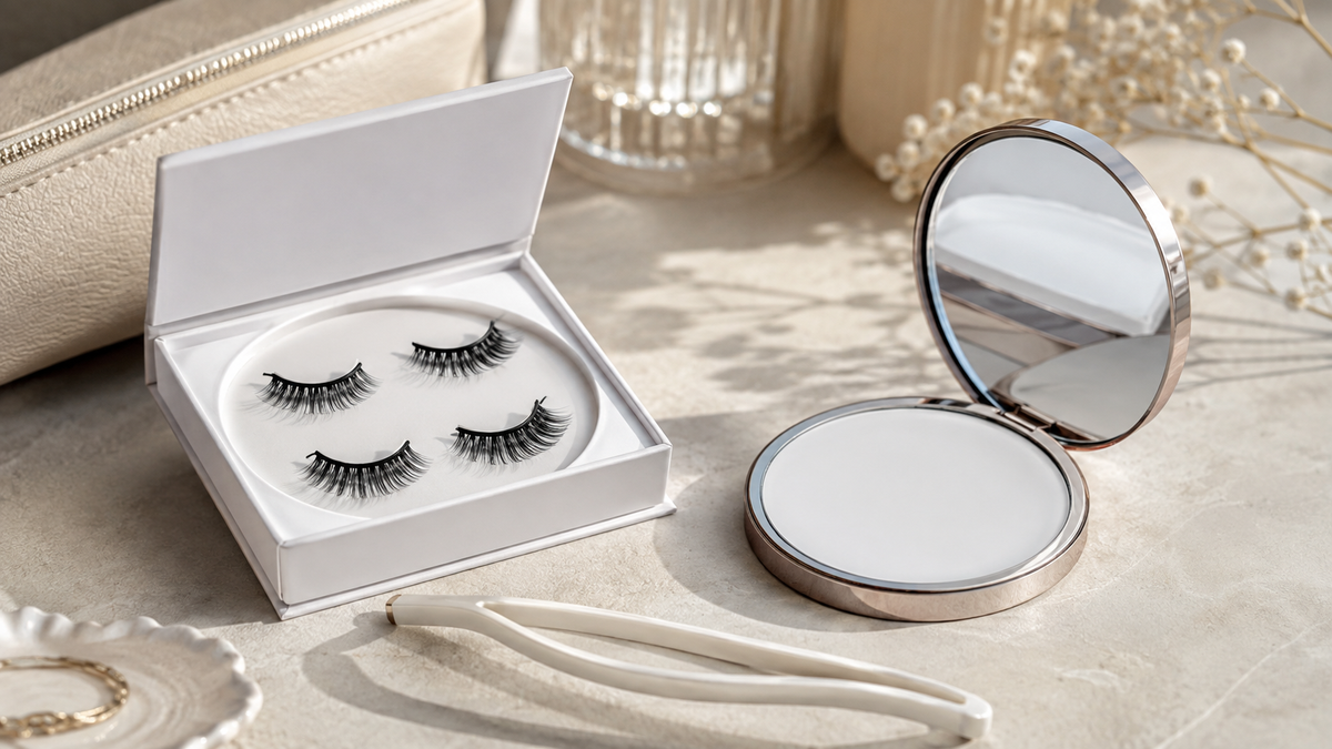 Generic magnetic lash styles in an unbranded case beside a mirror