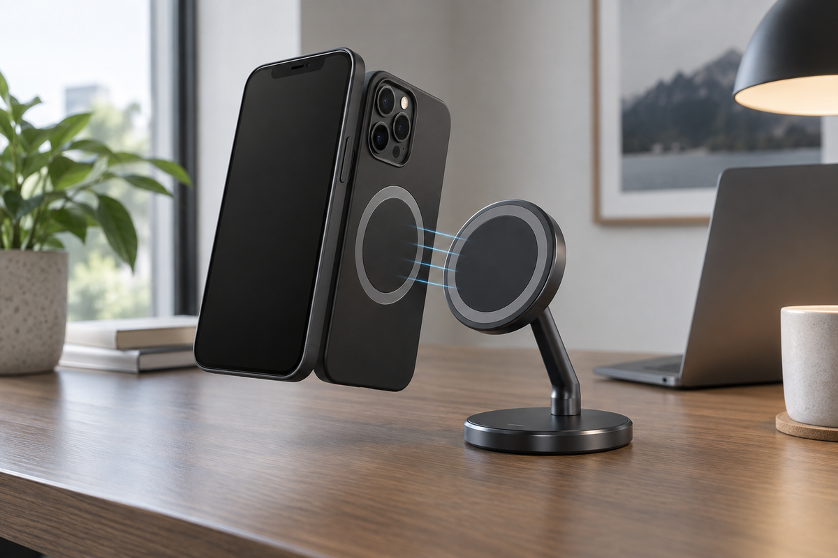 Unbranded magnetic phone case aligned with a compact mount on a desk