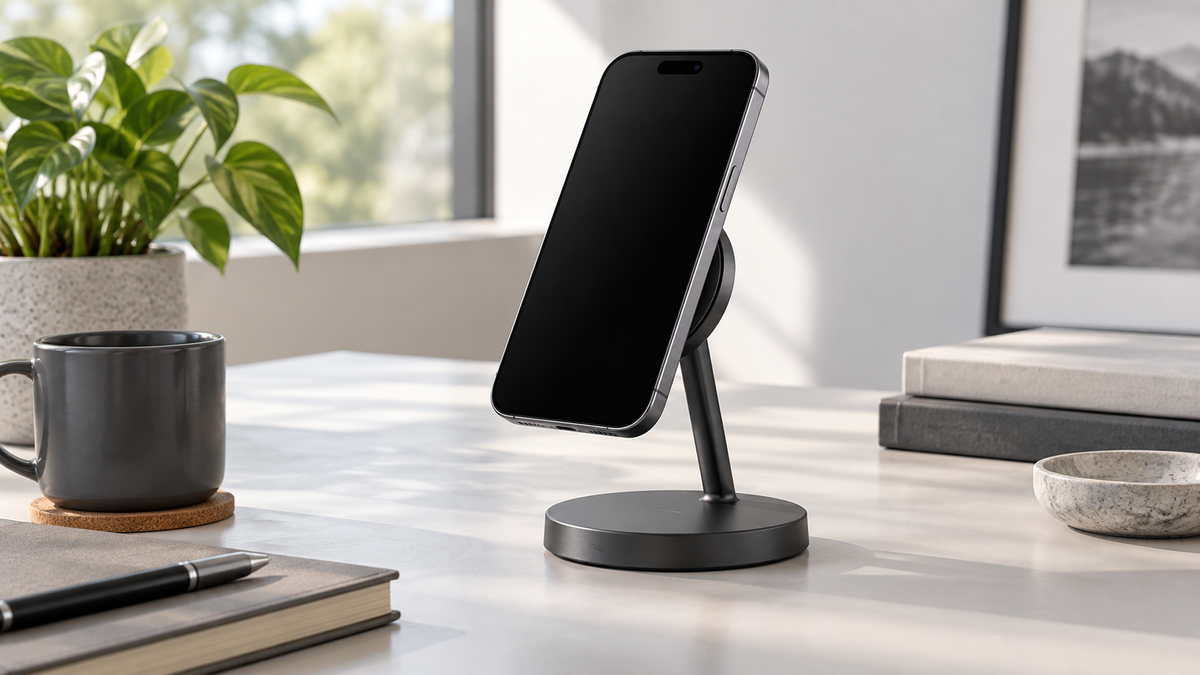 Unbranded magnetic phone holder supporting a blank-screen phone on a clean neutral desk
