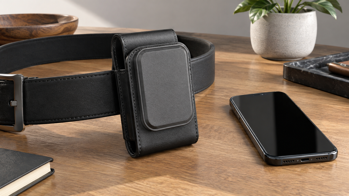 Unbranded magnetic phone holster clipped to a plain belt with a blank-screen phone