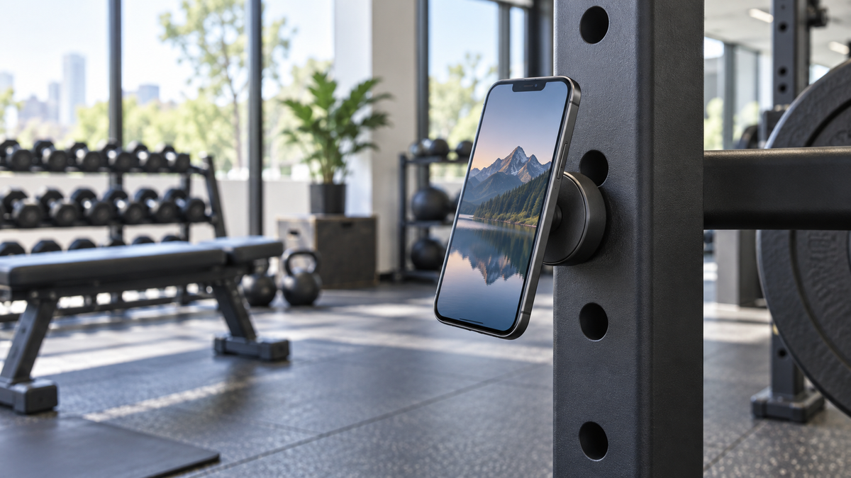 Unbranded magnetic phone mount holding a smartphone on compatible gym equipment