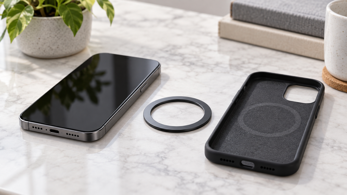 Magnetic ring accessory beside a phone and protective case