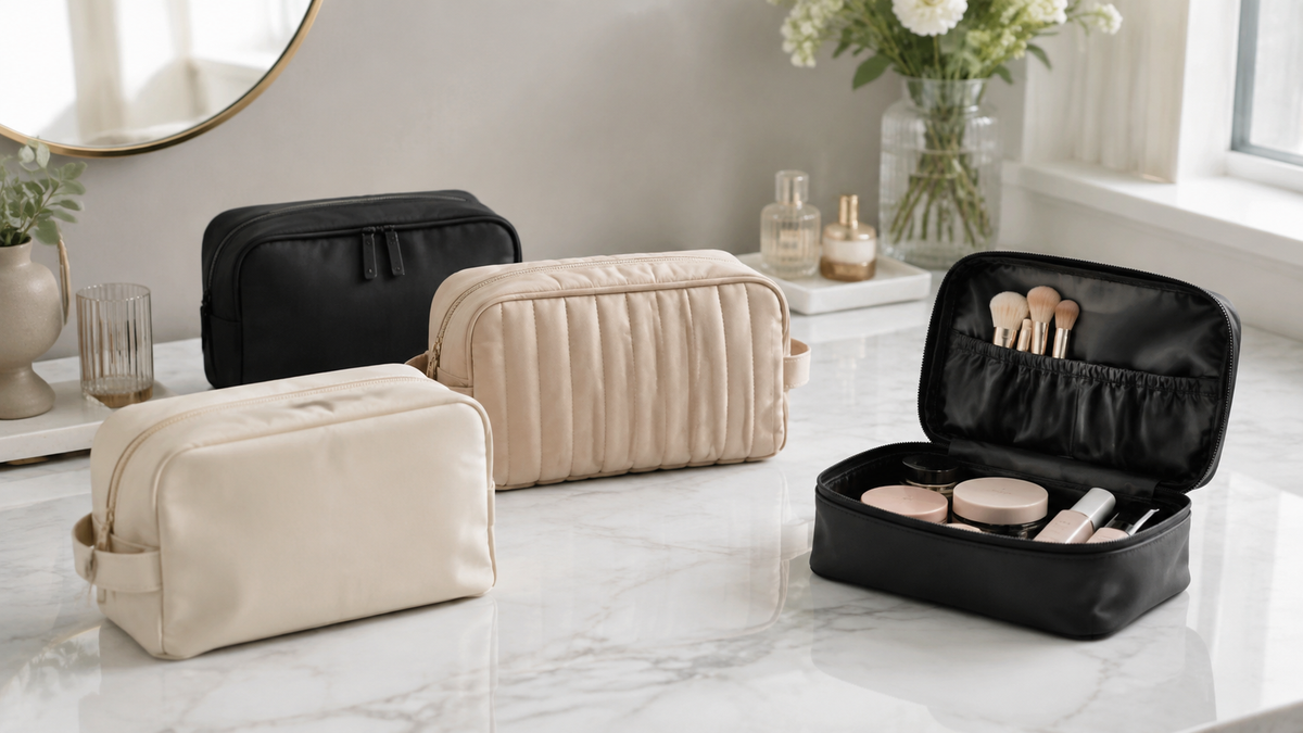 Unbranded makeup bags in neutral colors with one open organizer