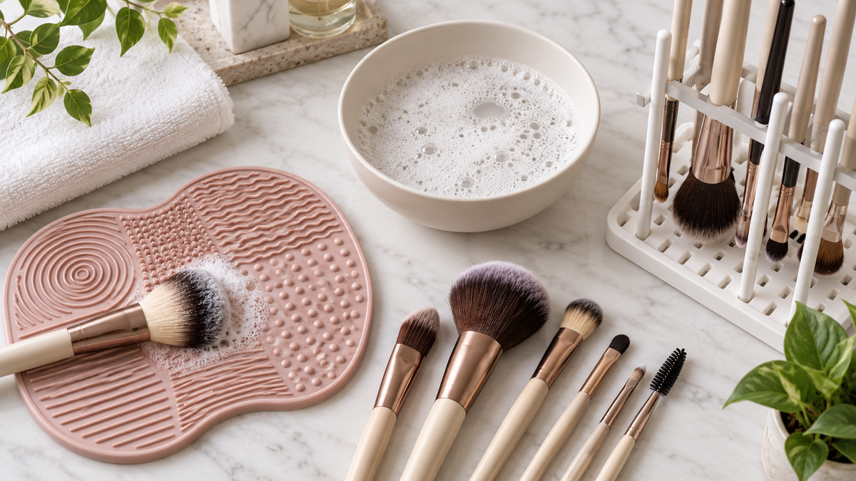 Makeup brushes beside a silicone cleaning mat, cleanser bowl and clean towel
