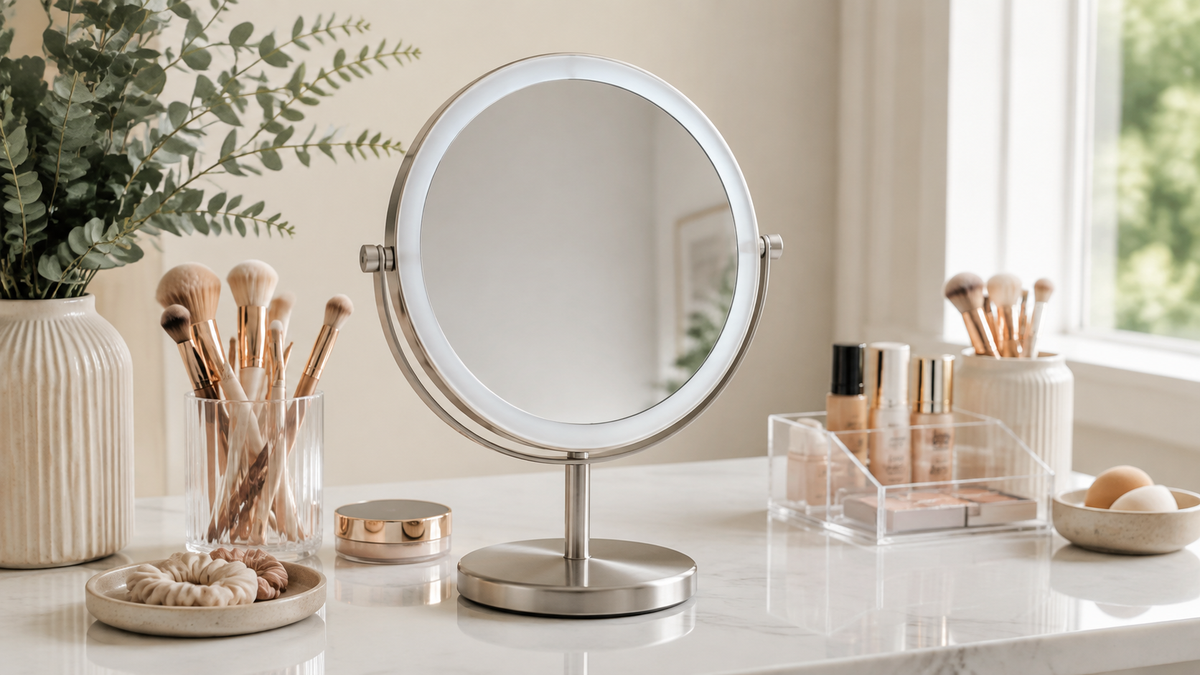 Adjustable tabletop makeup mirror on an organized neutral vanity