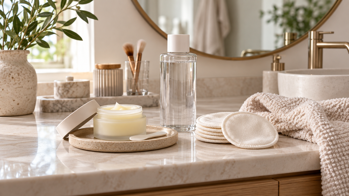 Unbranded makeup removers reusable pads and towel arranged on a clean vanity