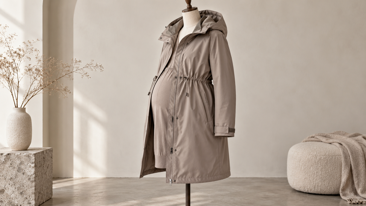Unbranded maternity coat with adjustable waist on a dress form
