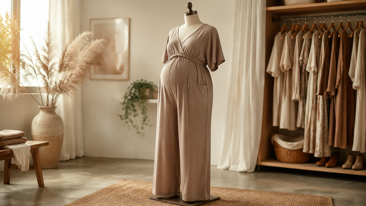 Neutral maternity jumpsuit on a curvy dress form in an airy wardrobe