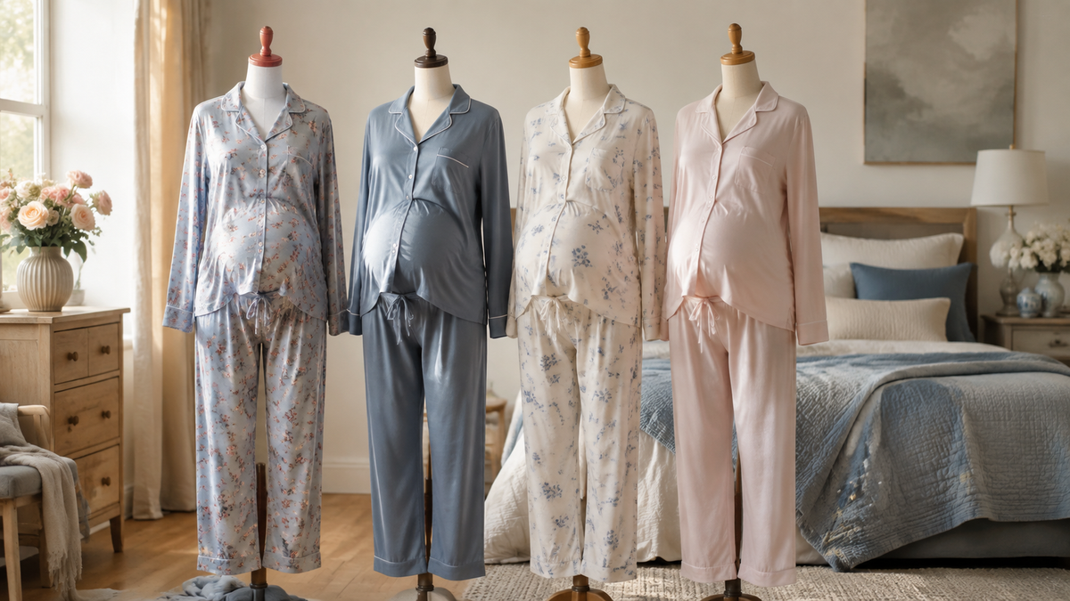 Soft unbranded maternity pajama sets displayed in a calm bedroom