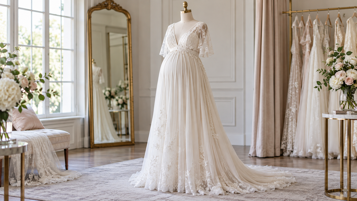 Elegant maternity wedding dress displayed in a softly lit bridal setting