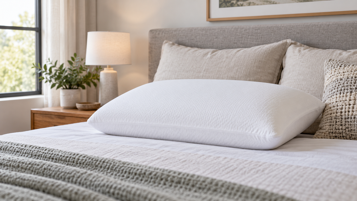 Medium firm memory foam pillow on a neatly made neutral bed