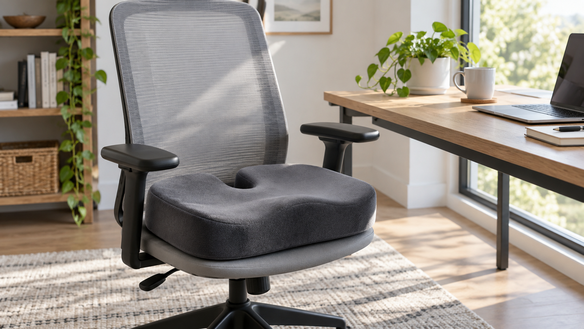 Memory foam chair cushion placed on a simple ergonomic office chair