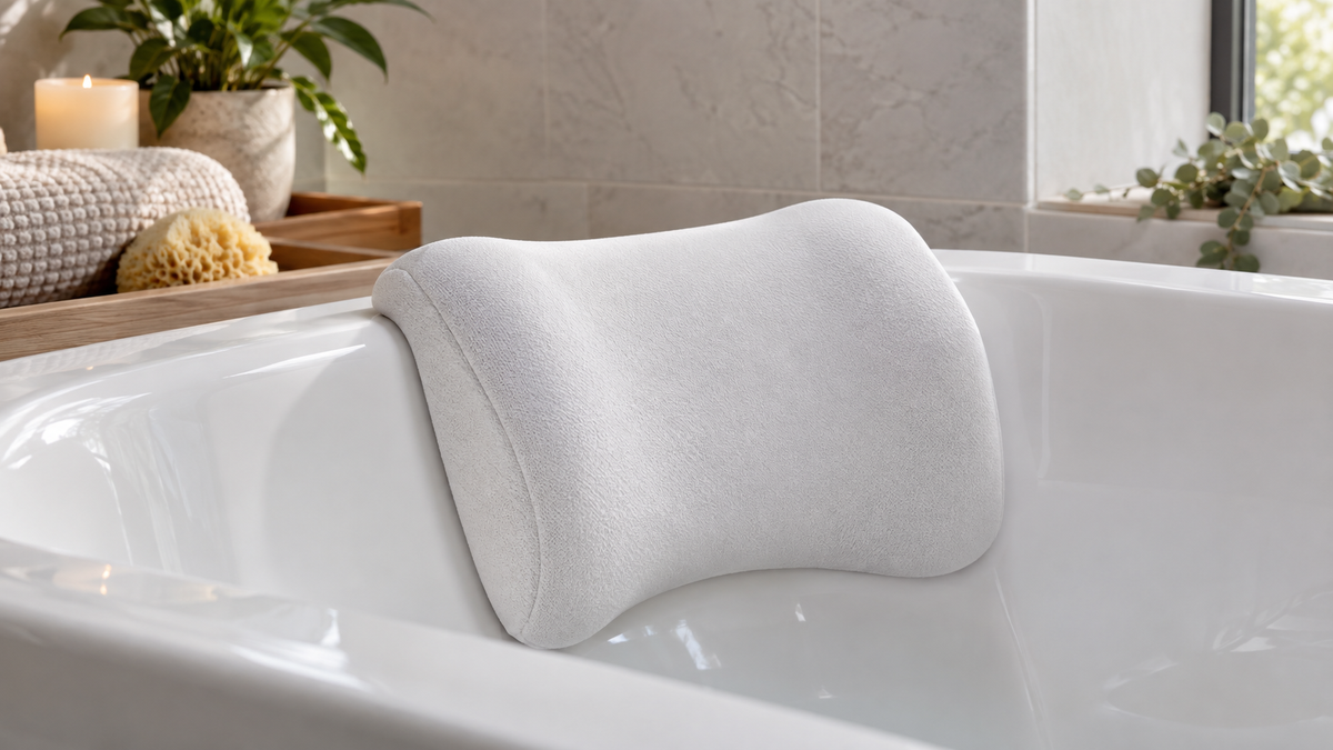 Unbranded memory foam bath pillow resting against the rim of a clean white bathtub