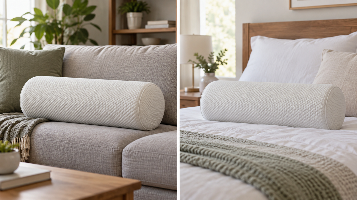 Cylindrical memory foam bolster pillow in a calm home setting