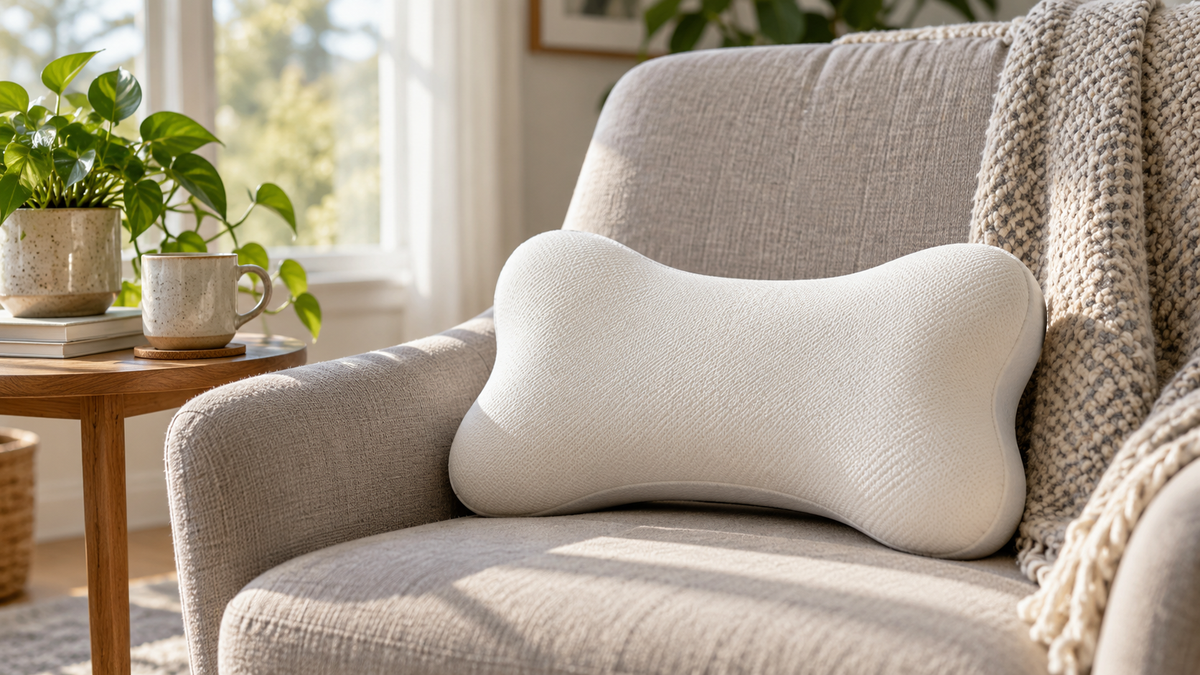 Bone shaped memory foam pillow on a neutral upholstered chair