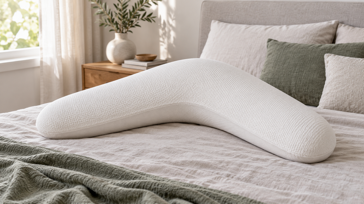 Boomerang-shaped memory foam pillow with a removable cover on a neutral bed