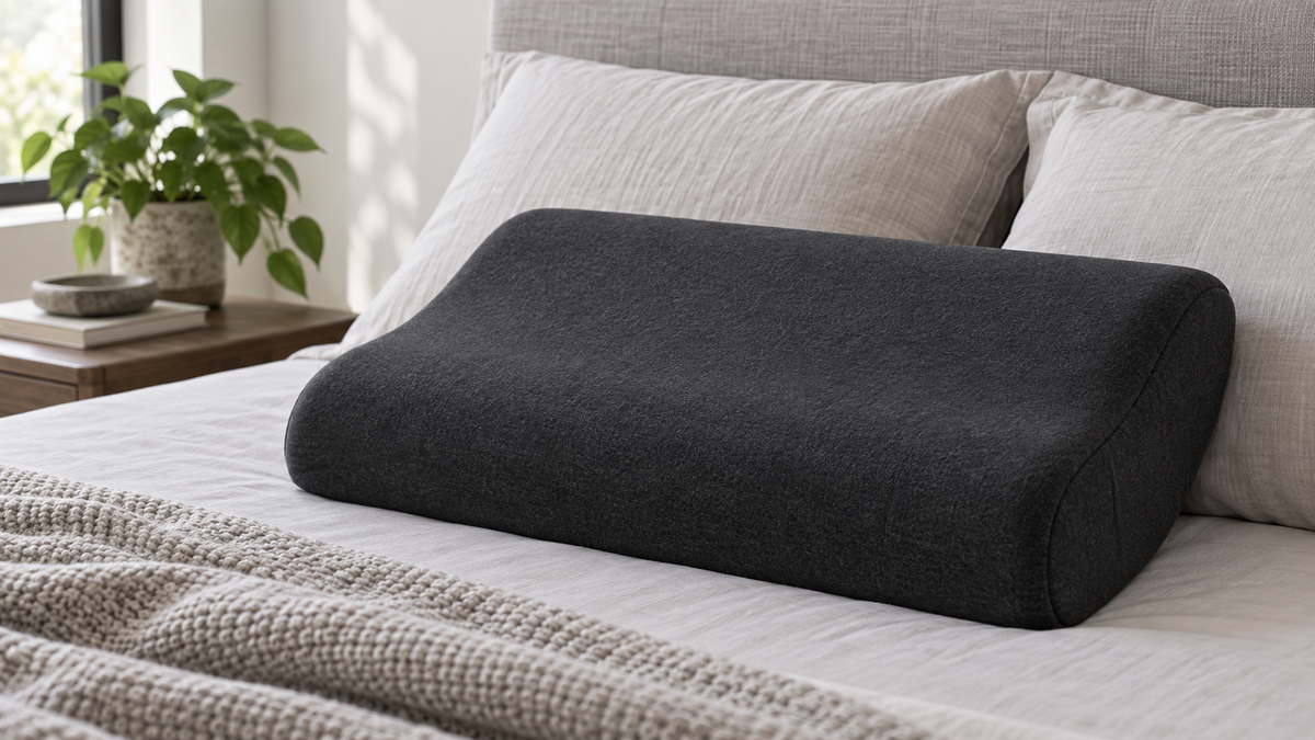 Plain dark charcoal memory foam pillow with removable cover on neutral bedding