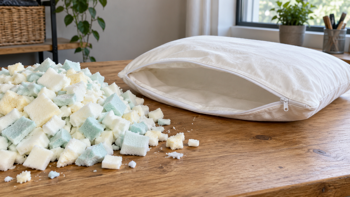Loose unbranded memory foam chips beside a plain zippered cushion liner