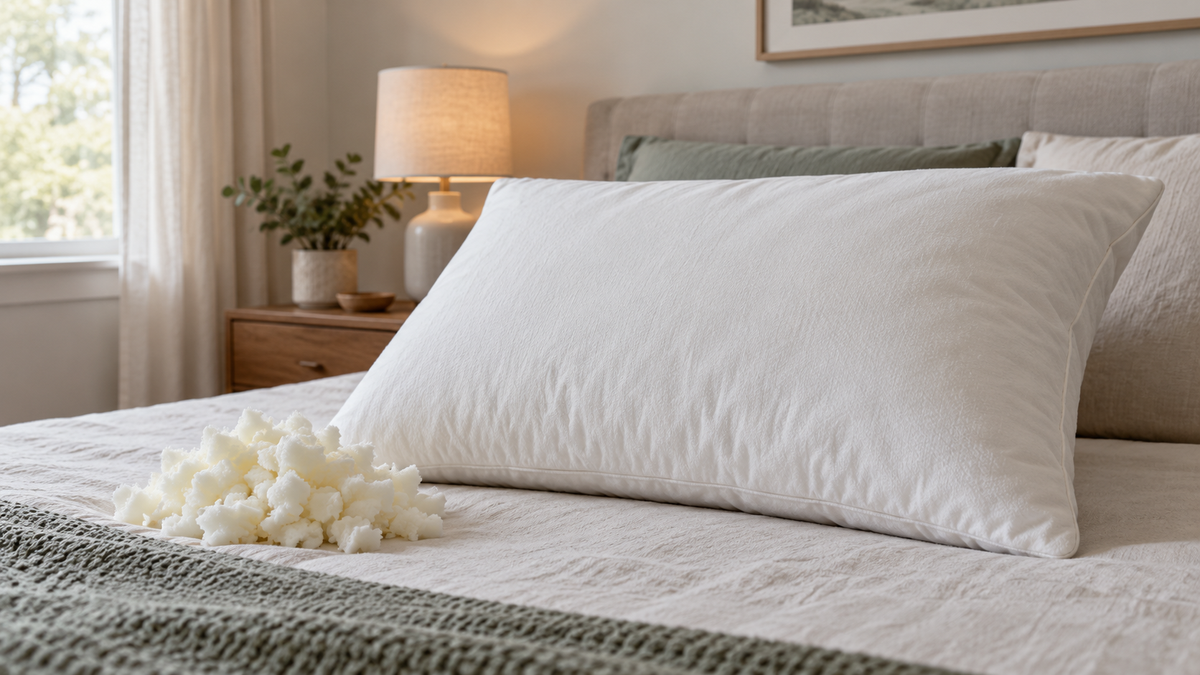 Memory foam cluster pillow with a small sample of loose foam clusters beside it