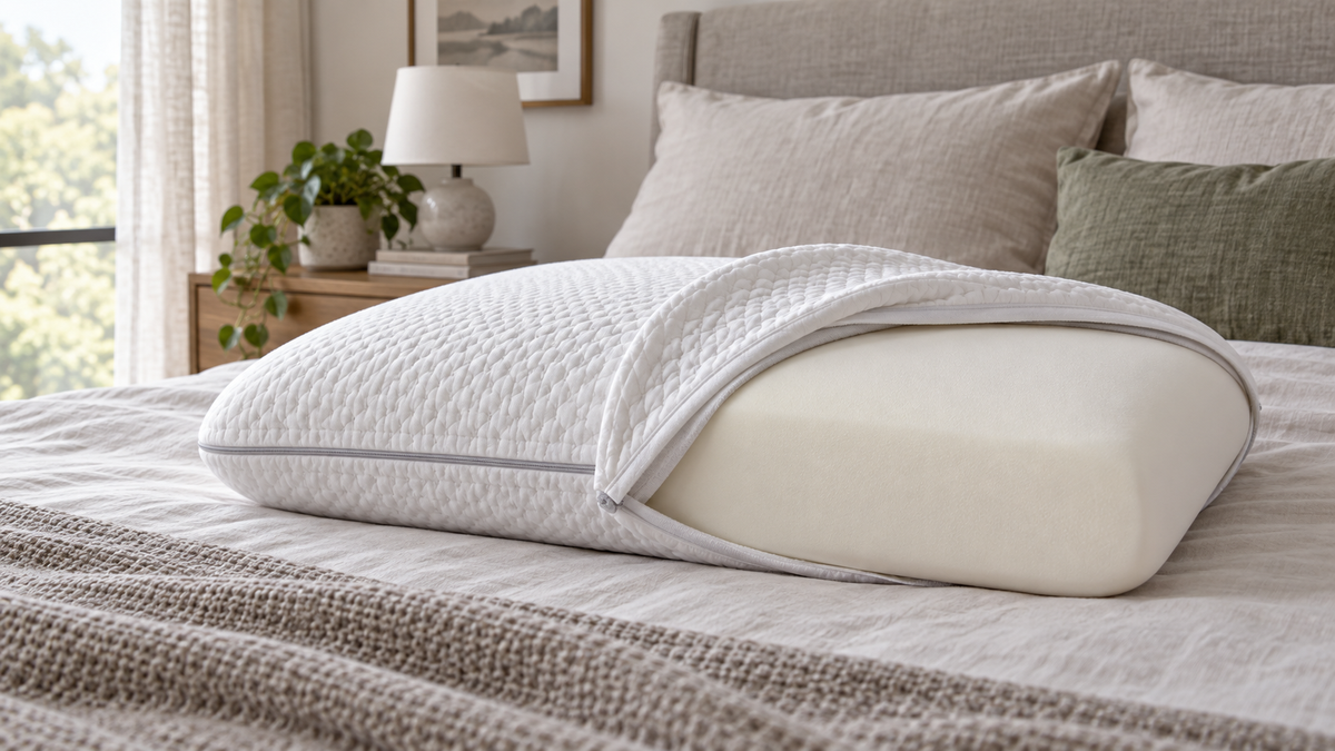 Memory foam core pillow with its removable cover folded back to show the inner construction